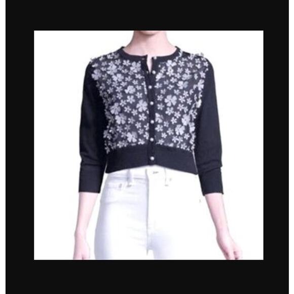 Karl Lagerfeld Black/White Cropped Cardigan with 3D Flowers Size XS - Picture 1 of 5